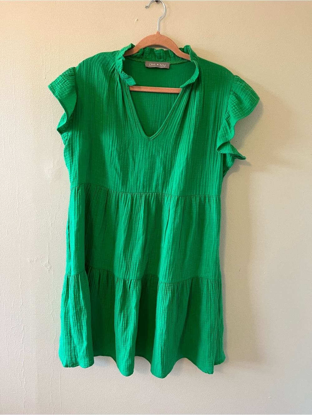 Bright Green Tiered V-Neck Women's Dress 100% Cotton
